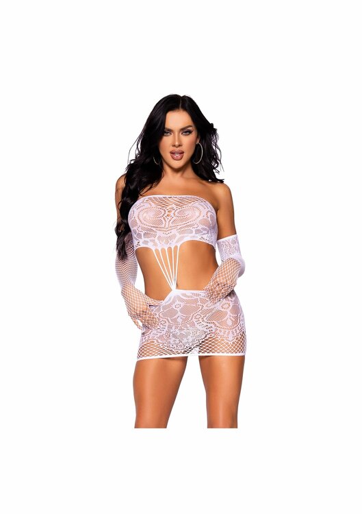 Lace tube dress and gloves