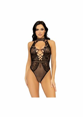 Net And Lace Keyhole Bodysuit - Black