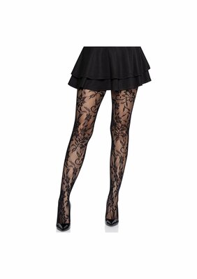Seamless Floral Lace Tights - Black