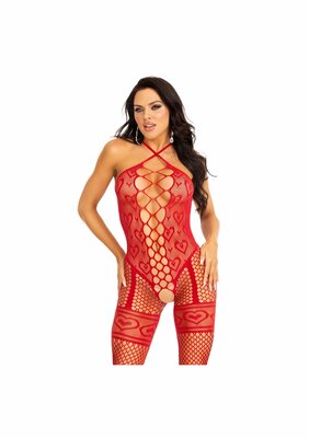 Heart net halter bodystocking - Red