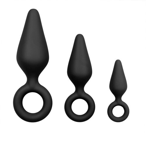 Zwarte buttplugs met trekring setje