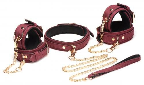 Image of 6-delige BDSM Suede Boeienset Met Collar En Riem - Bordeaux